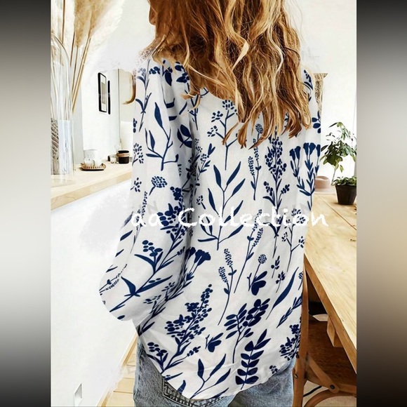 Boho Floral Print Button Down Up Shirt Top Blouse White - Picture 2 of 6